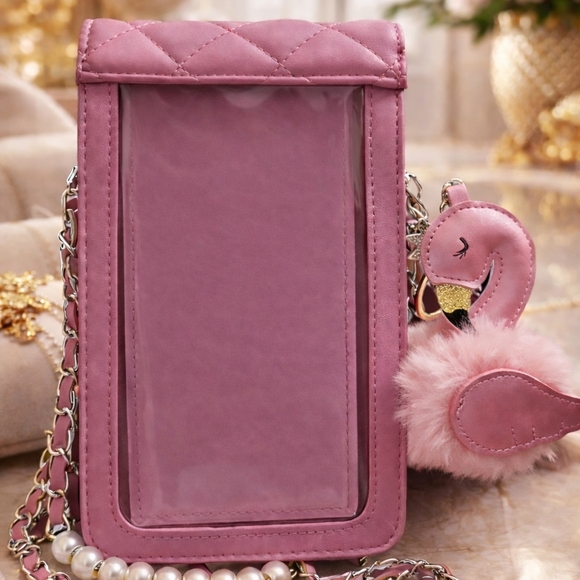 Badgley Mischka Quilted Pink Pearl-Embellished Crossbody with Flamingo Bag Charm - Picture 2 of 2